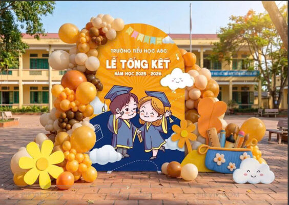 Phông Nền Lễ Bế Giảng Tiểu Học Tông Cam Xanh Đẹp 2