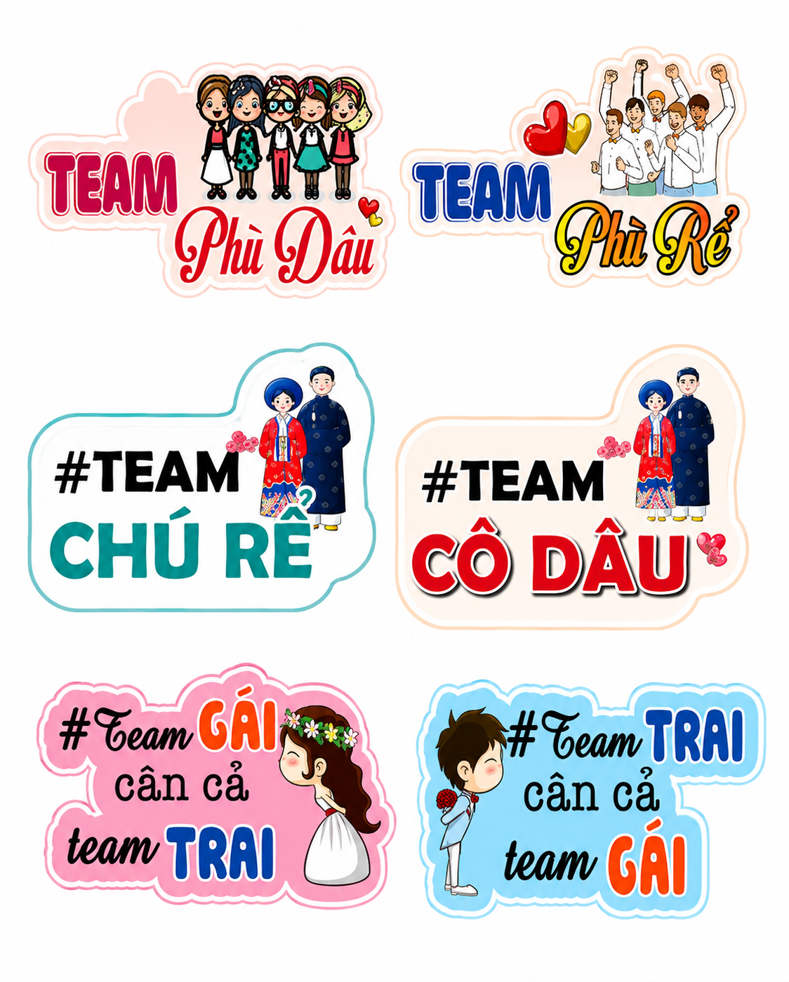 Vector Sticker Đám Cưới Hoạt Hình Đáng Yêu: Cô Dâu, Chú Rể & Dàn Phù Dâu, Phù Rể (AI/EPS)