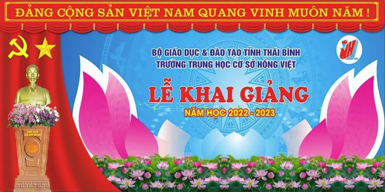 Backdrop Lễ Khai Giảng Trường Học Việt Nam Mẫu Thiết Kế Hiện Đại với Bác Hồ và Hoa Sen
