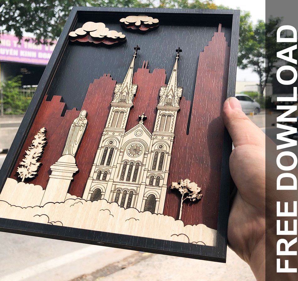 Vector Mô Hình 3D Nhà Thờ Đức Bà Sài Gòn – File Chuẩn Khớp Ngàm Cắt Laser & CNC Gỗ/MDF