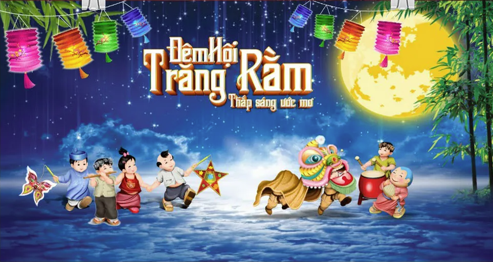 Tải File CDR Vector Backdrop Tết Trung Thu Đêm Hội Trăng Rằm Sắc Màu Với Trẻ Em Và Múa Lân