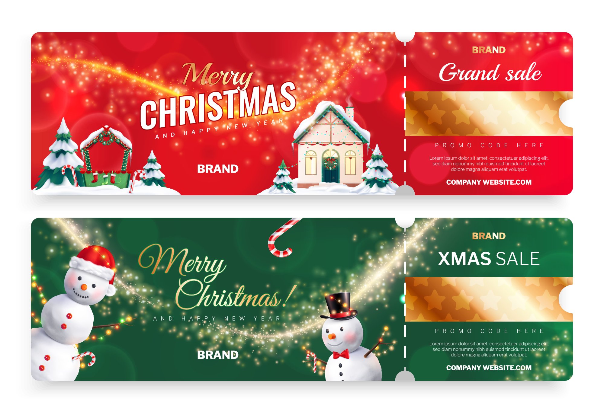 Vector Bộ 2 Mẫu Vé Giảm Giá Giáng Sinh (Christmas Voucher) – Style Nền Ngang Sáng Bóng