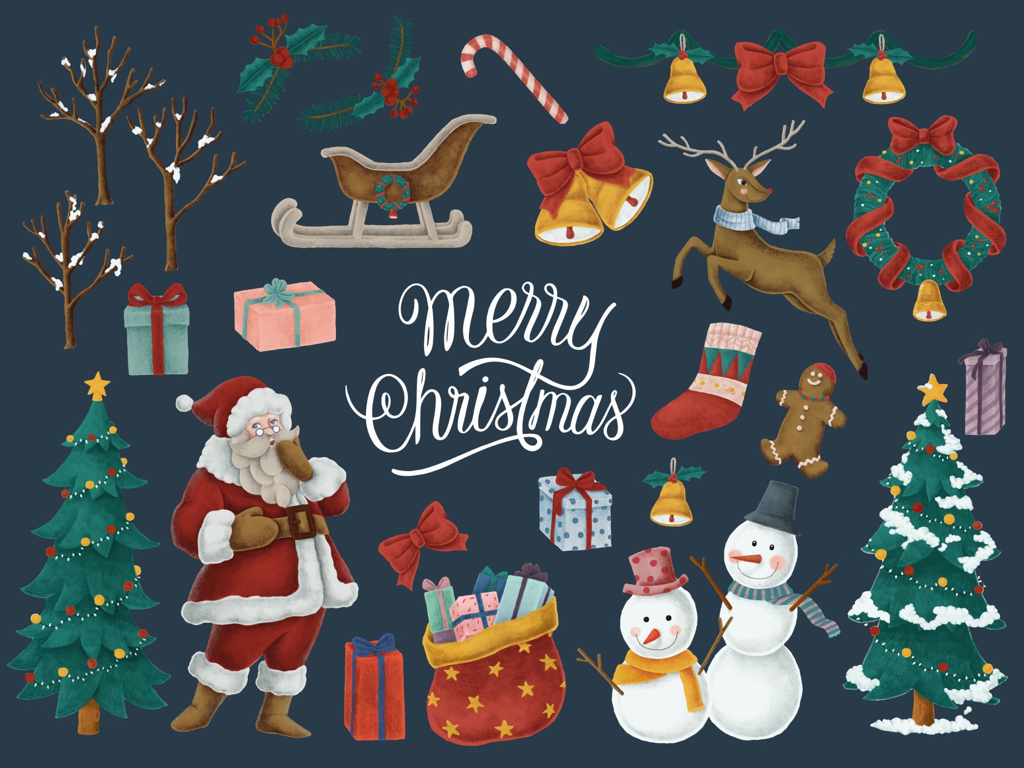 Vector Thiệp Vẽ Tay Giáng Sinh (Hand-Drawn Merry Christmas) – Mẫu Nghệ Thuật Vintage Decor