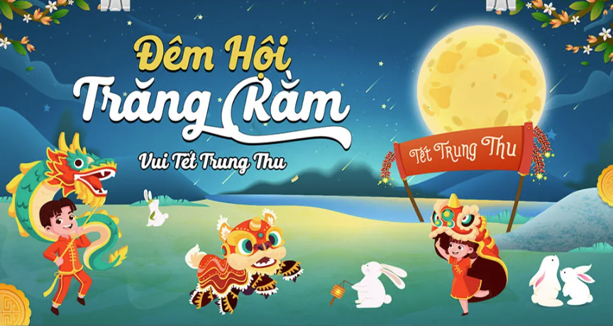 Tải File Vector Banner Backdrop Tết Trung Thu Đêm Hội Trăng Rằm Sắc Màu Với Múa Lân Rồng Và Thỏ Ngọc Dễ Thương