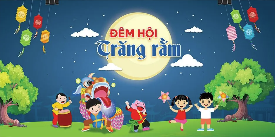 Tải File Hình Nền Vector Đêm Hội Trăng Rằm Cổ Tích – Trung Thu Rộn Ràng Với Thiếu Nhi Múa Lân Đèn Lồng