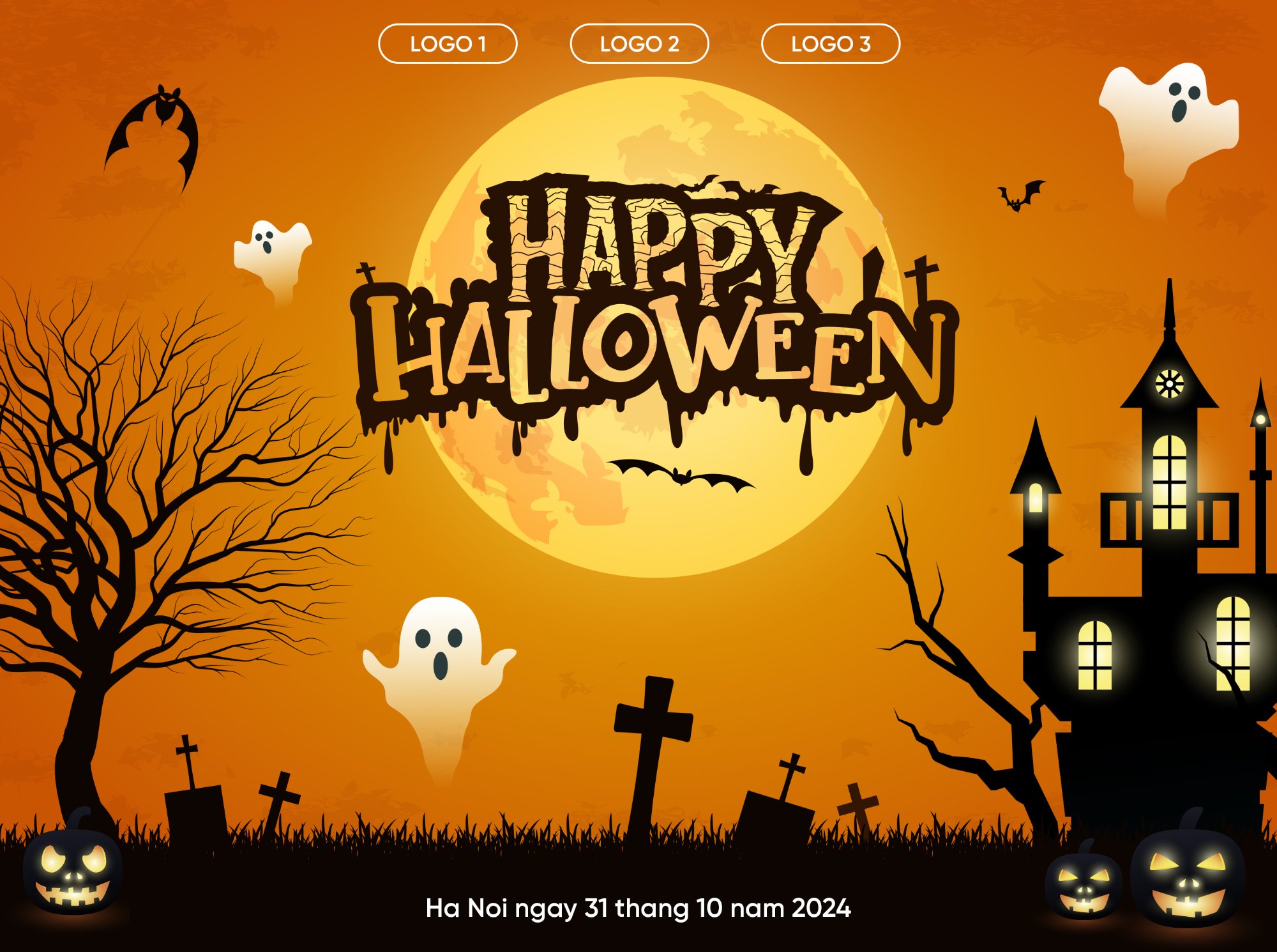 Vector Background Halloween – Nền Ngôi Nhà Ma Ám & Bóng Ma Kỳ Quái