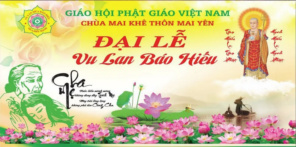 Mẫu backdrop banner đại lễ Vu Lan Báo Hiếu tình thân, tâm linh và hoa sen tinh khôi