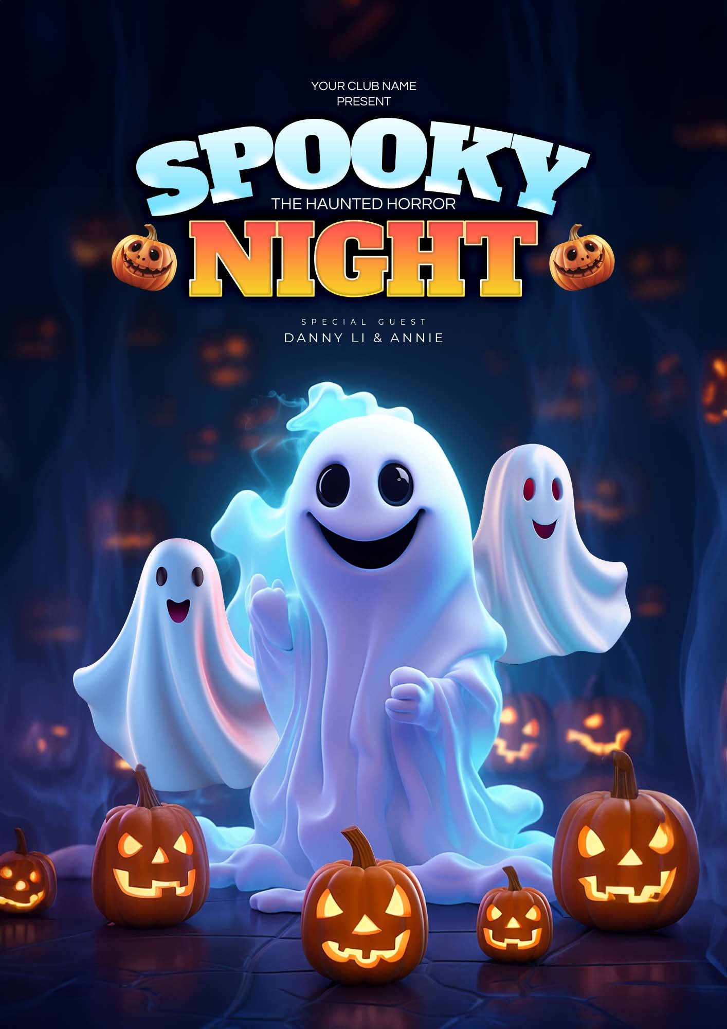 Vector Poster Halloween 3D Cute – Bí Ngô & Ma Trắng Đêm Kỳ Nghỉ
