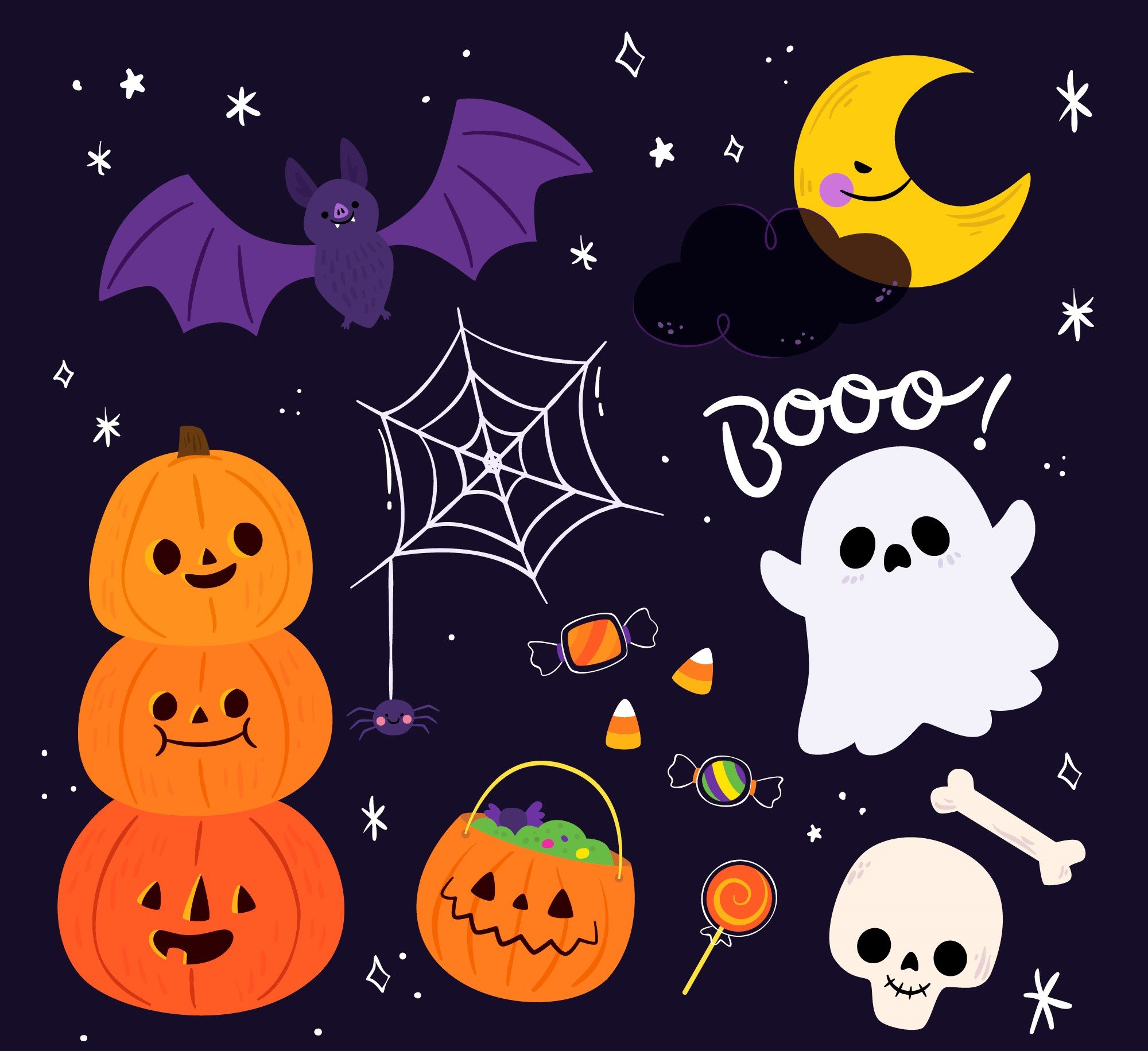 Flat Icon Set Halloween Đêm Đầy Sao – Bộ Vector Element Đầy Đủ Chi Tiết