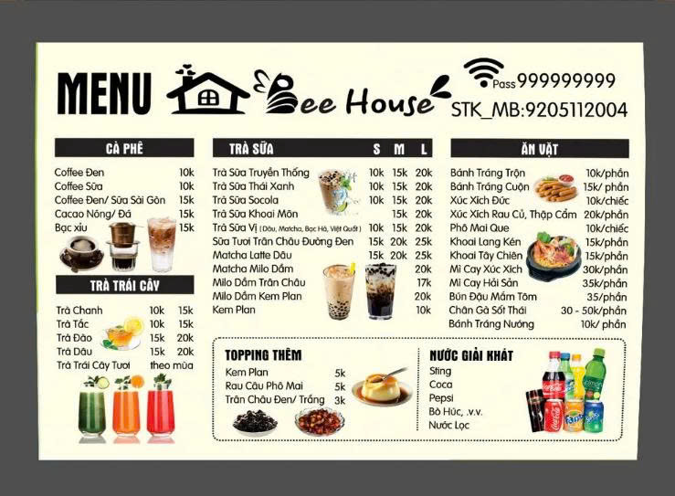 Mẫu Menu Quán Cà Phê Trà Sữa & Ăn Vặt Bee House Hiện Đại